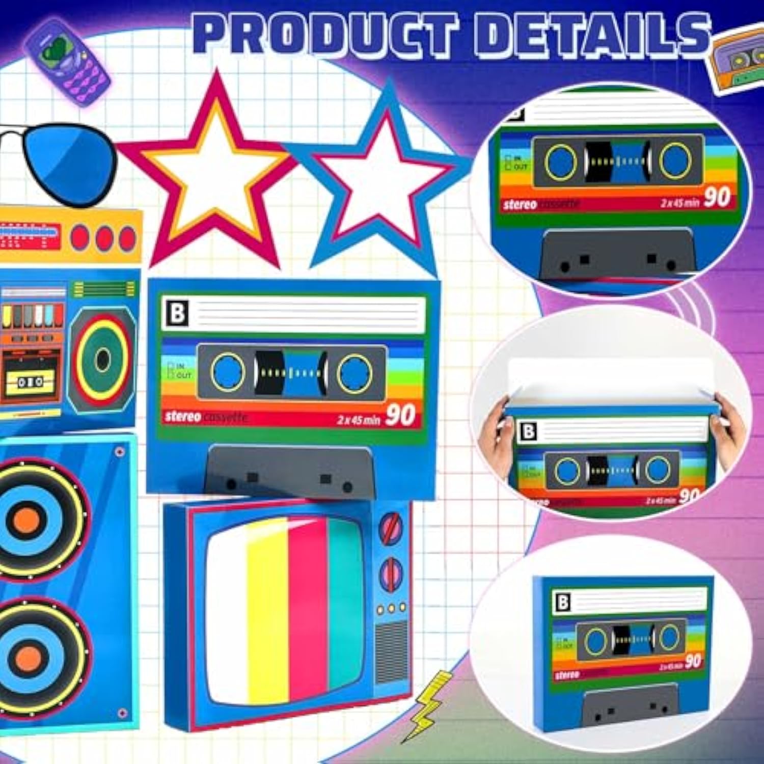7 Pcs Large 80S 90S Party Decorations 3D Hip Hop Favor Set Paper Boombox Cassette Boxes For Retro Back To 1980S 1990S Theme Birthdays Music Neon Decoration