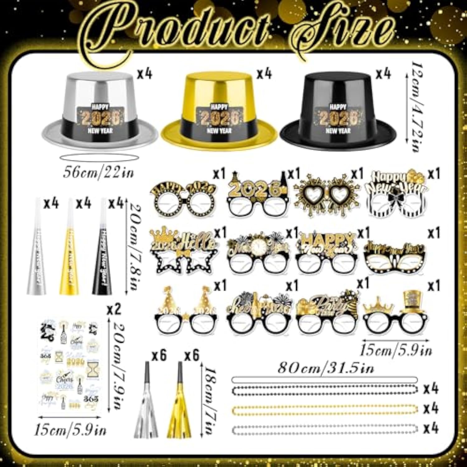 62pcs 2026 New Year Party Supplies Hats Glasses Trumpets Necklaces Stickers
