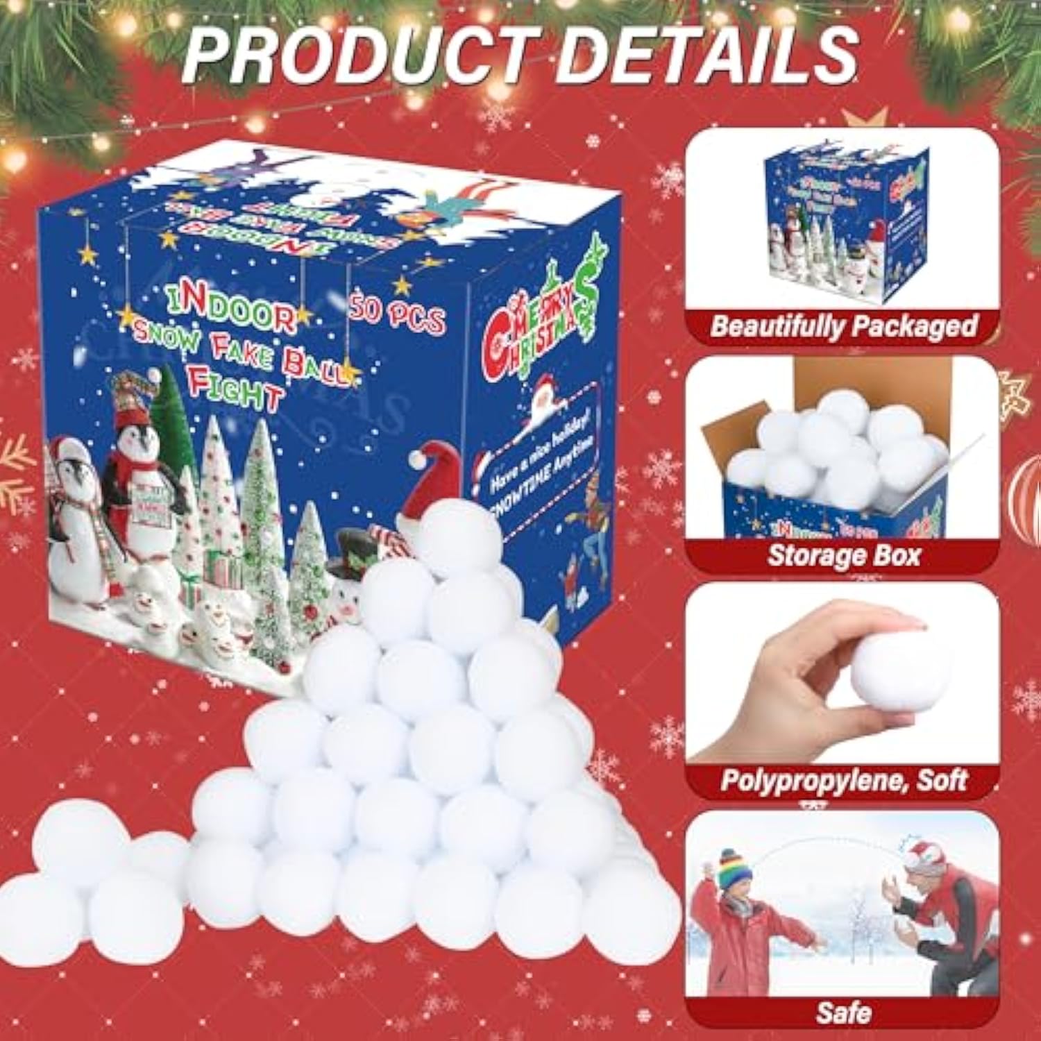 50-Pack Indoor Snow Toy Balls Soft Fake Snow Fight Set for Kids Party Games