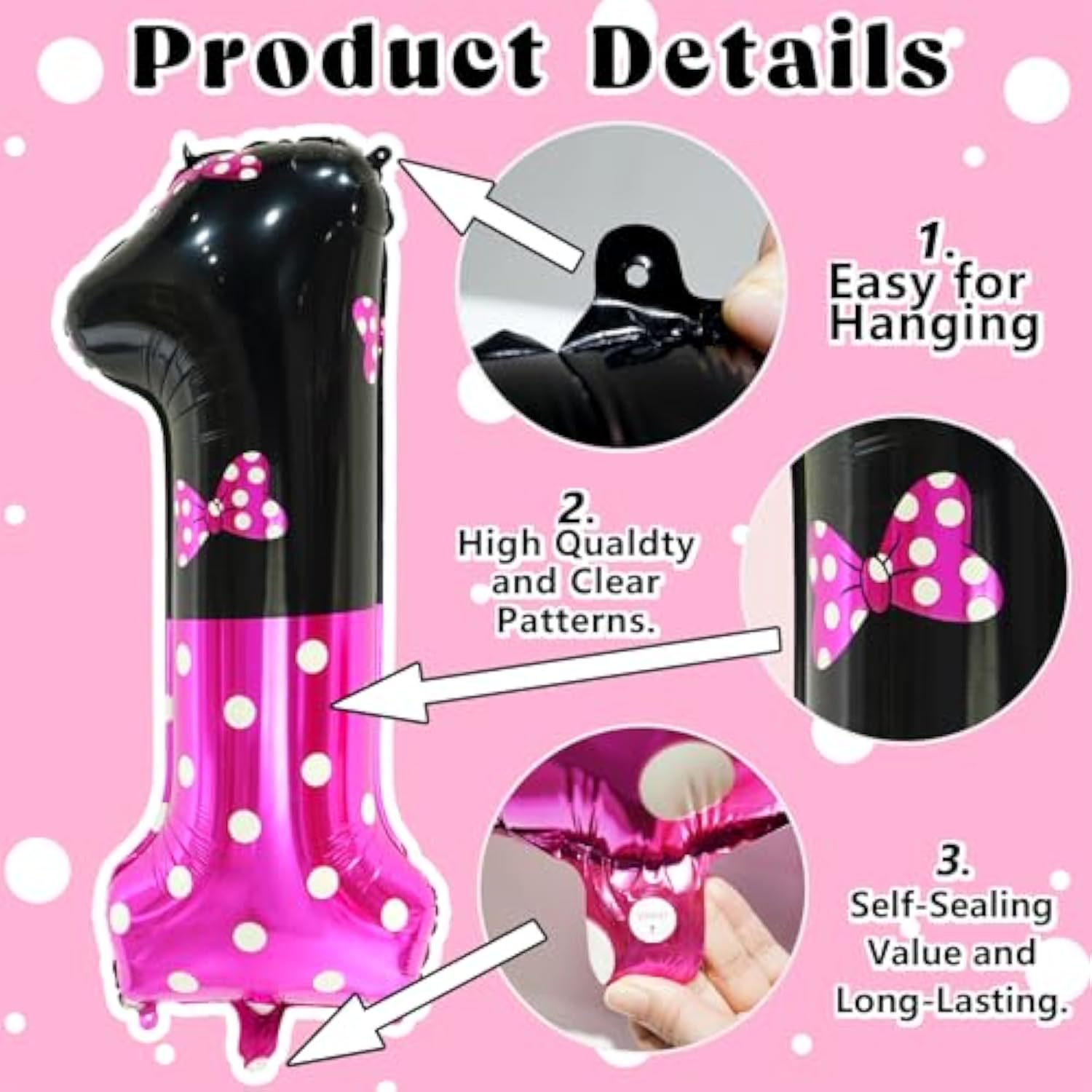 40" Pink Mouse Number 1 Balloon — Giant Bow-Themed Baby Birthday Decor