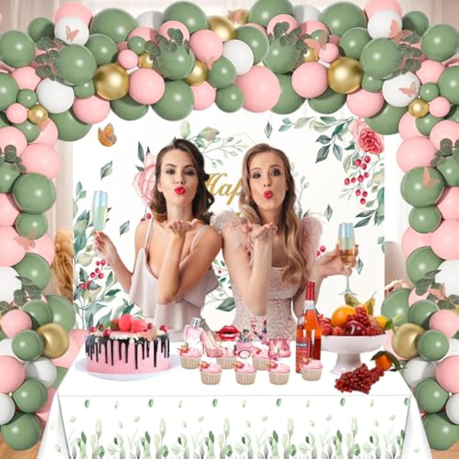 Sage Green Birthday Decorations Women Birthday Party Supplies Including Floral Backdrop, Sage Green Pink Balloons Garland Arch Kit, Tablecloth, Cupcake Toppers For Girls