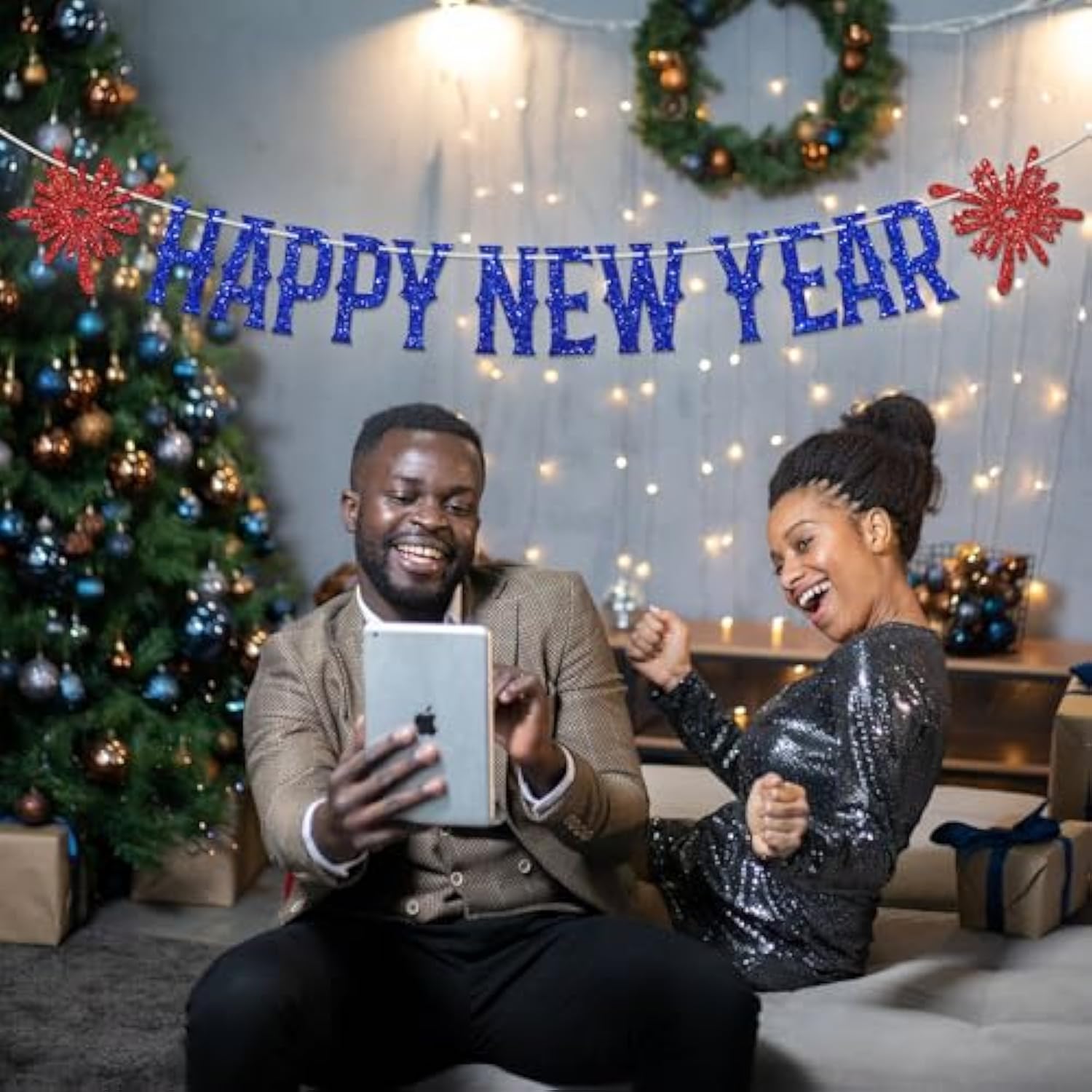 2025 Happy New Year Banner Red Blue Glitter Party Decorations