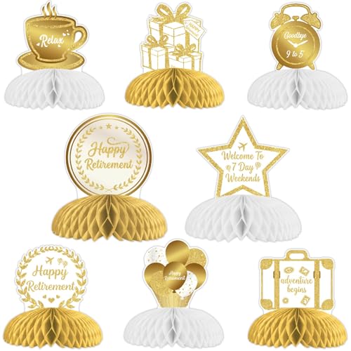 White Gold Retirement Honeycomb Centerpieces Set 8pcs Double-Sided Printed Table Decorations Elegant Retirement Celebration Honeycomb Decor Kit White Gold Event Table Display Bundle