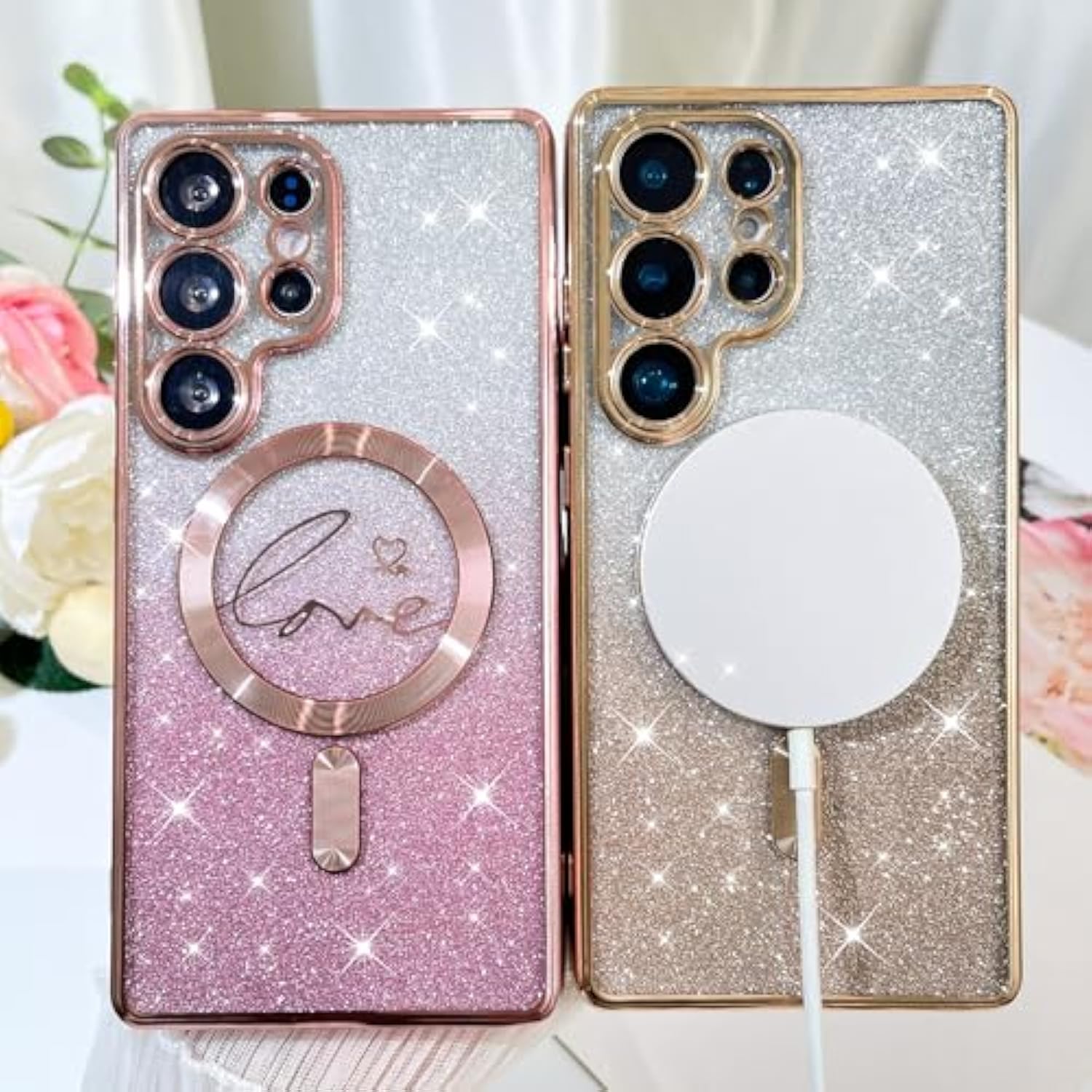 Designed For Samsung Galaxy S25 Ultra Case,Compatible With Magsafe Love Heart Plating Camera Protection Clear Glitter Magnetic For Women Girls Shockproof Phone Cover Bumper 6.9"-Gold