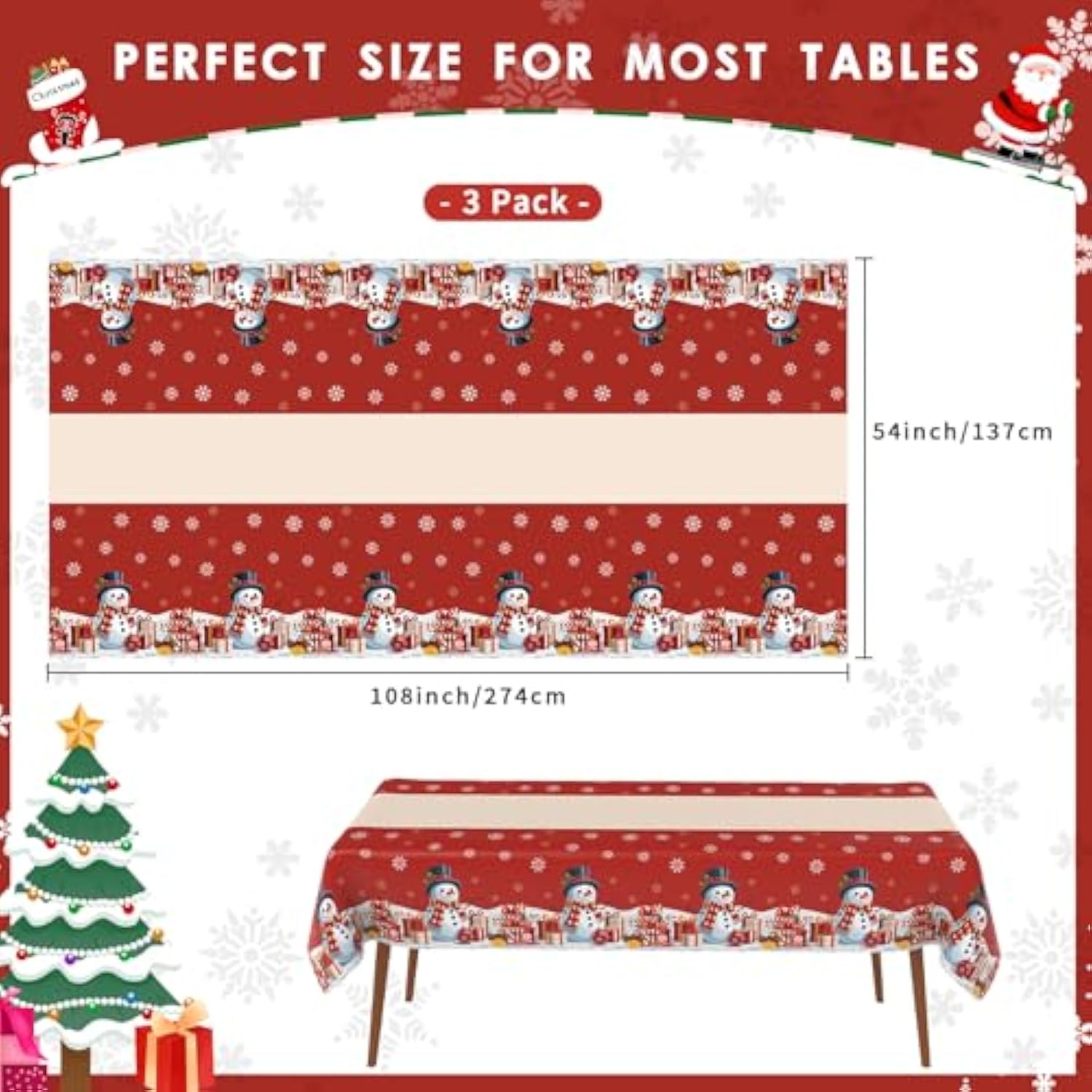 Christmas Decorations Christmas Tablecloth Disposable Plastic Tablecloth Rectangular 3 Pack 54"X108", Xmas Table Cover Party Decorations Indoor Outdoor Table Decoration Party Supplies Backdrop Banner