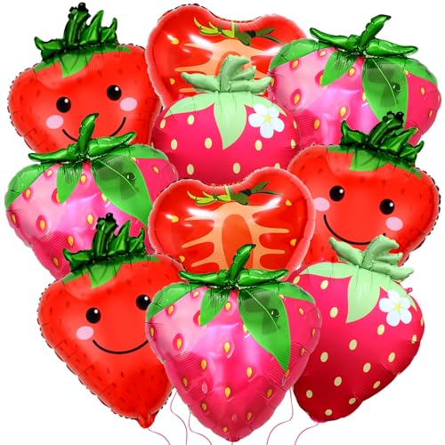 16Pcs Gaint Strawberry Balloons, Cute Fruit Strawberry Foil Balloons for Fruit Themed Birthday Summer Wedding Baby Shower Party Decorations