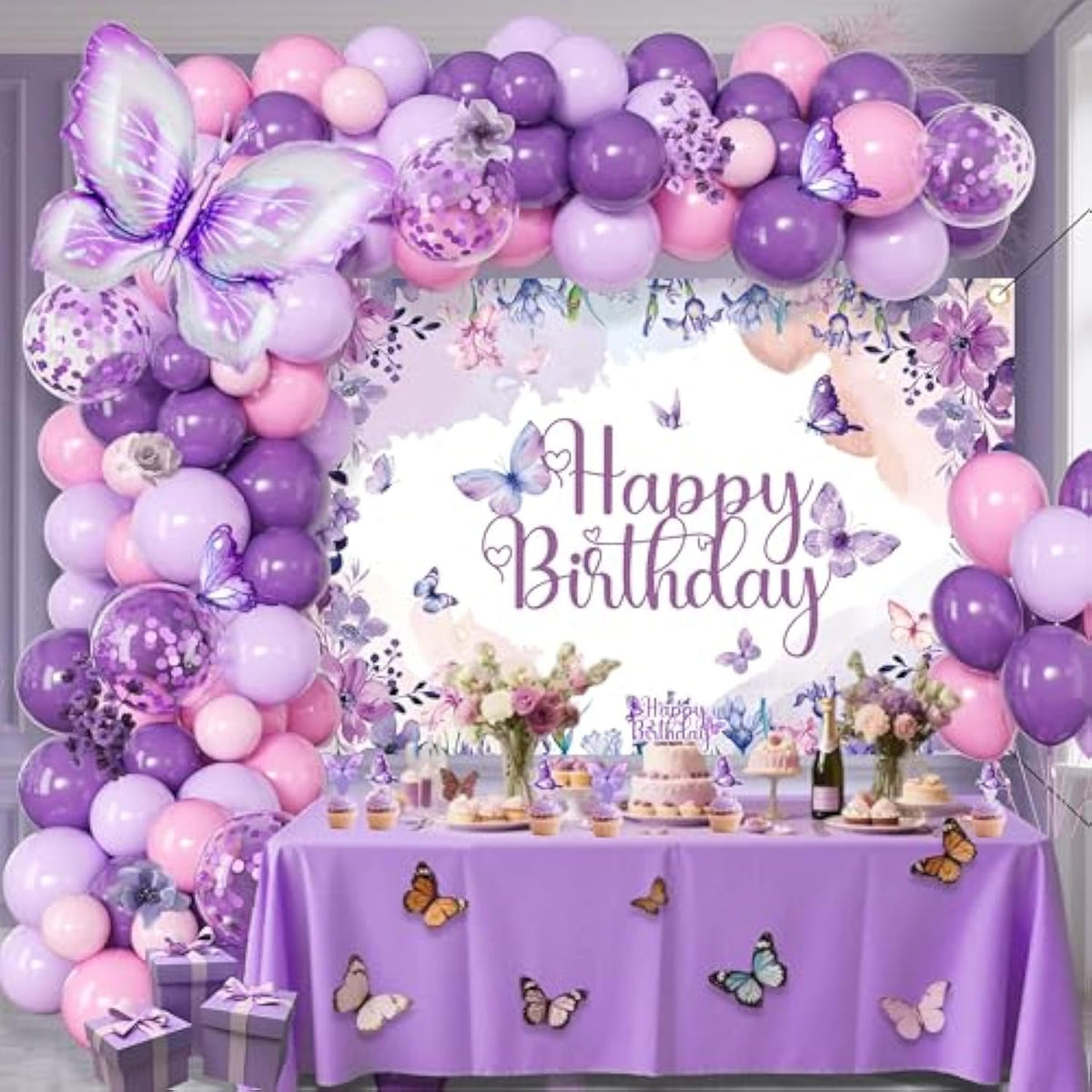 Purple Butterfly Birthday Decorations Balloon Arch Kit - Glitter Butterfly Party Supplies With Garland, Backdrop, Centerpieces For Women Girls Birthday Party Decor