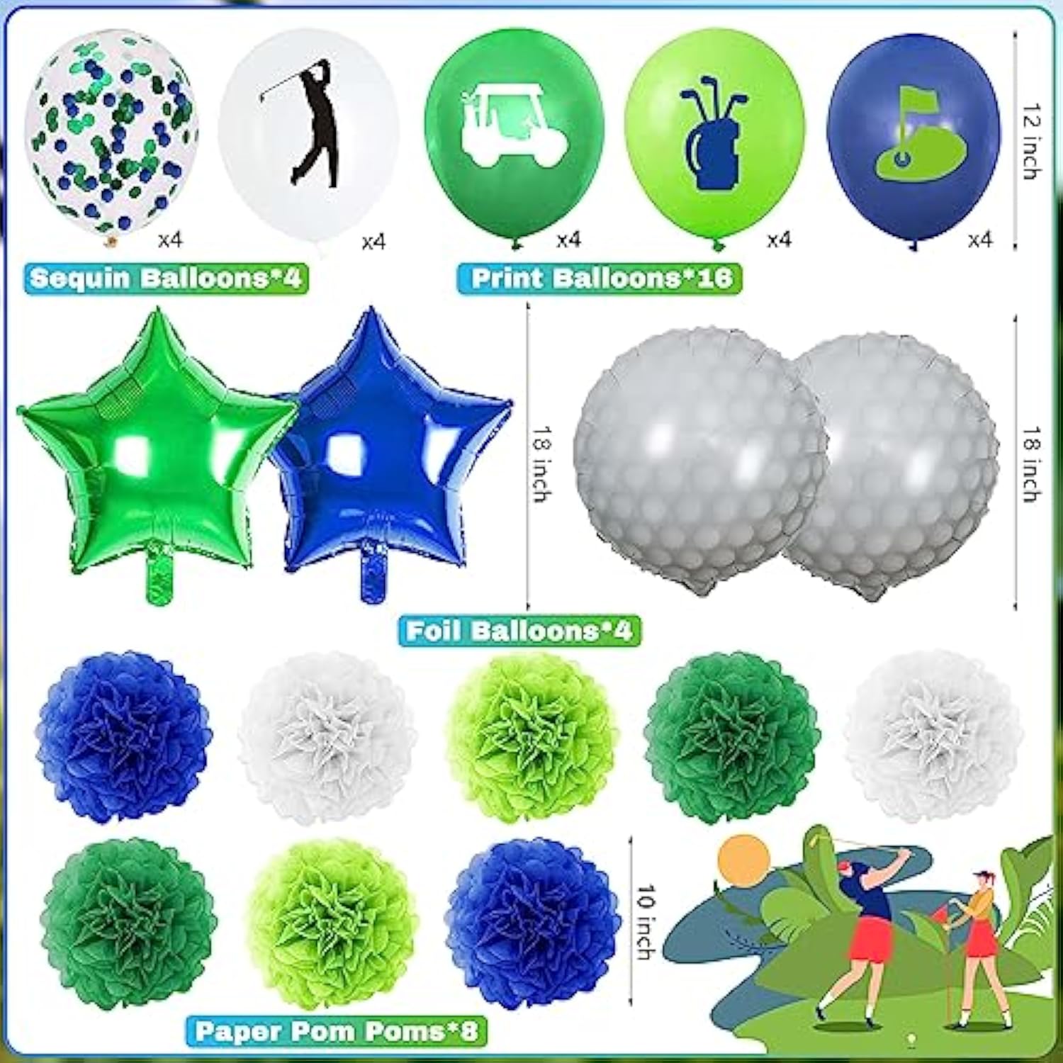 50Pcs Golf Birthday Party Decorations Golf Themed Party Supplies Includes Print Balloon Foil Balloon Cake Topper Banner Paper Pompoms
