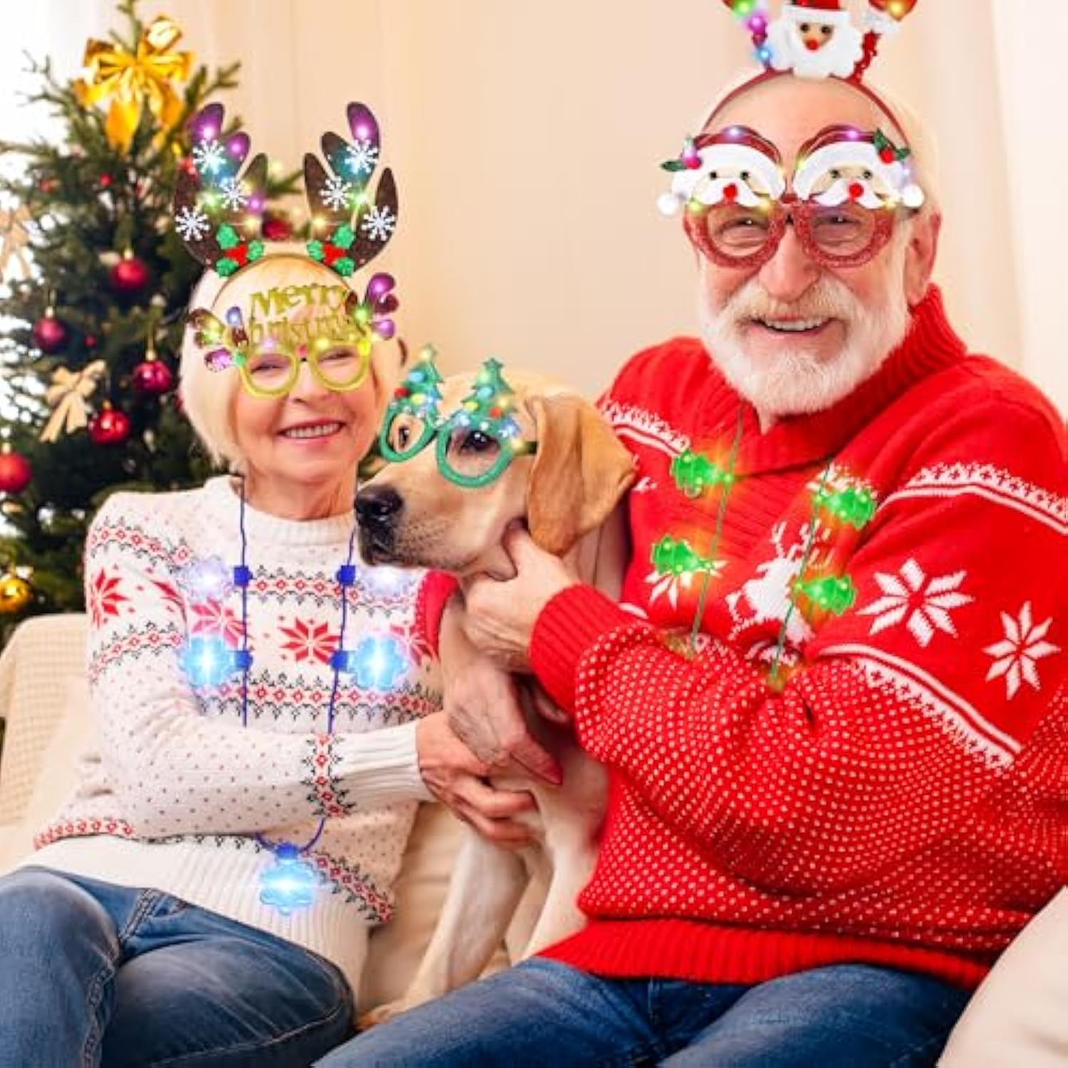 12 Pcs Christmas Party Favors, Light Up Christmas Necklace Headband Glasses Set, Candy Cane Snowflake Tree Bulb Necklace Led Headband Flashing Eyeglasses For Xmas Gifts, Christmas Accessories