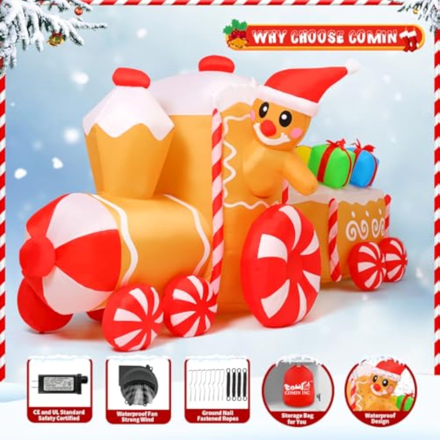 9 Ft Length Christmas Inflatables Outdoor Decoration Blow Up Gingerbread Man Train With Built-In Leds For Indoor Yard Ga