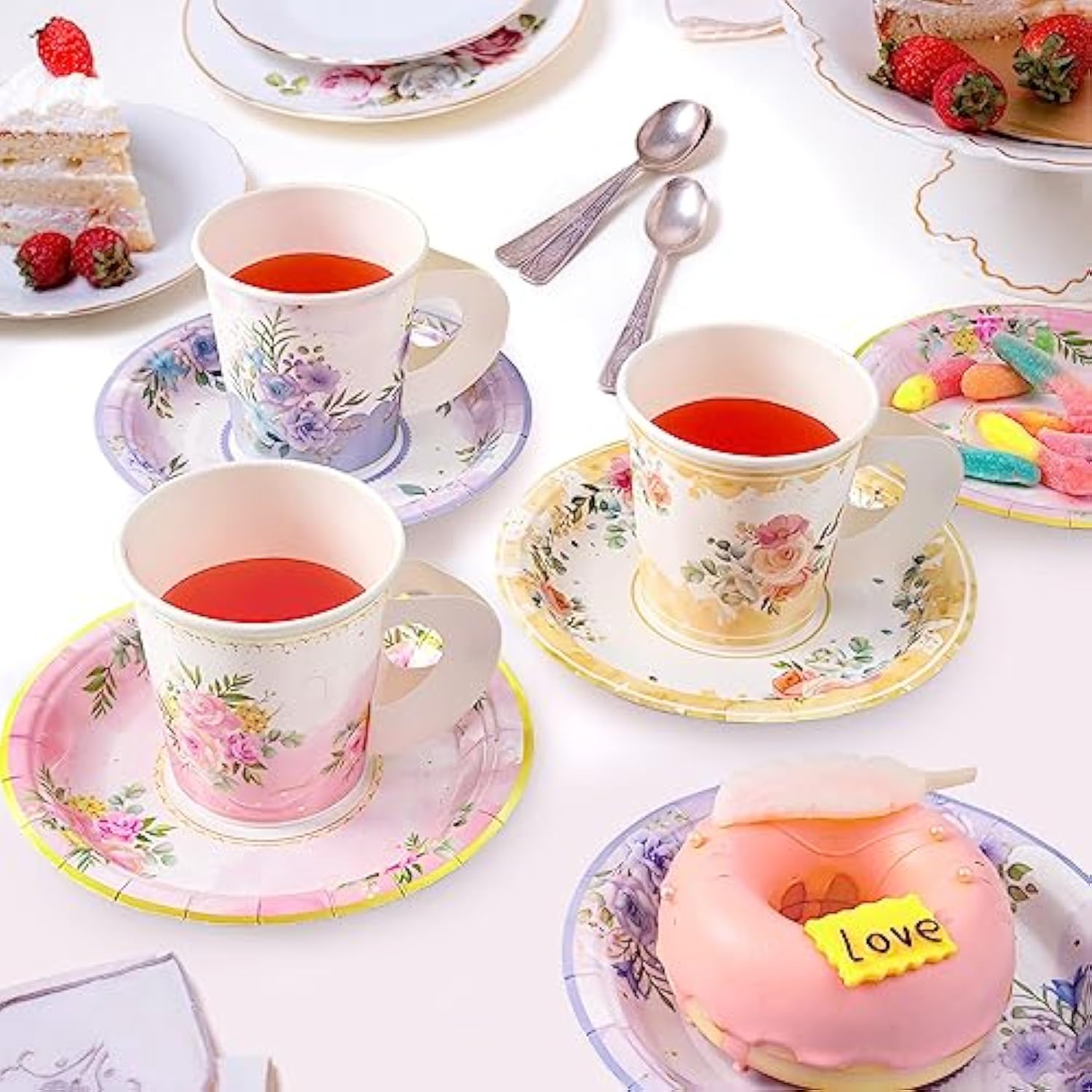 24 Paper Tea Cups And Plates, 7 Oz Disposable Paper Teacups And Saucer Sets For Hot And Cold Drinks For Birthday, Princess, Floral, Tea Party Decorations