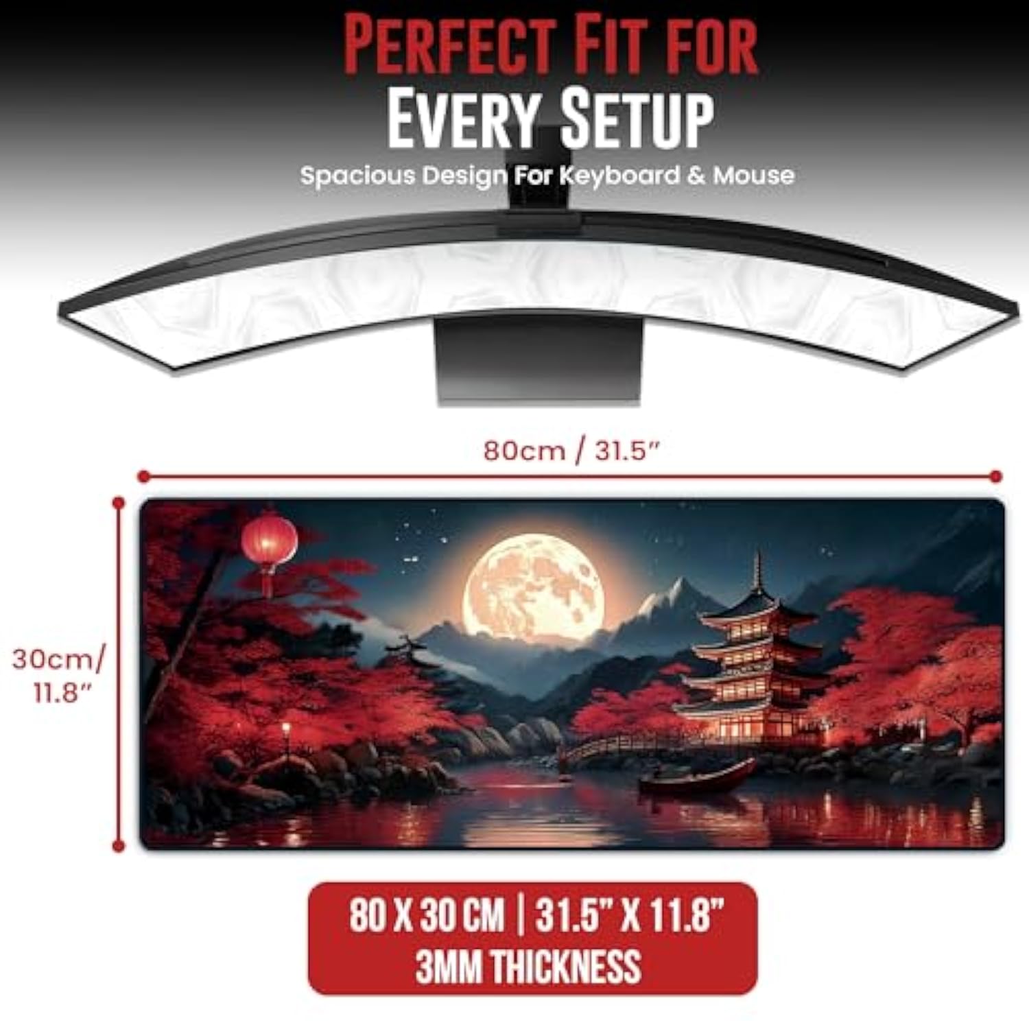 Japanese Mouse Pad, Large Japanese Desk Mat, Xl Anime Desk Mat, Non-Slip Rubber Base, Big Extended Desk Protector For Home Office, 31.5”X11.8” (Riverside Full Moon)