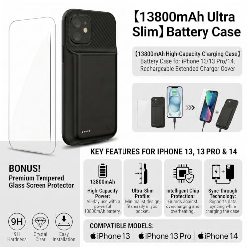 Battery Case for iPhone 13/13Pro/14, 10000 mAh Ultra-Thin Protective Charging case, Portable Rechargeable Expandable Battery Charger, Compatible with