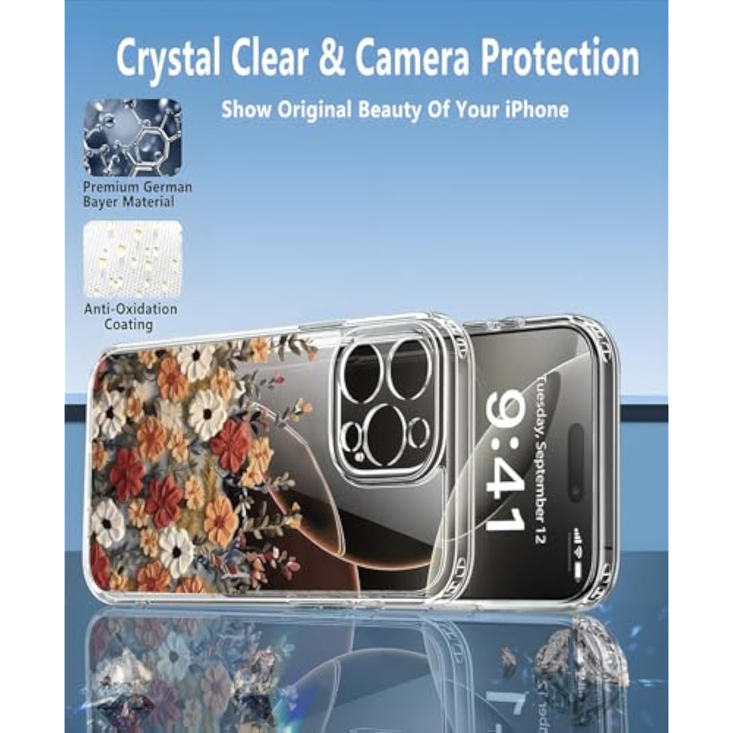 For Iphone 16 Pro Case Clear Flowers, For 16 Pro Case Floral With Screen Protector [Camera Protection] Slim Shockproof Phone Case For Iphone 16Pro For Women Girl'S - Flower Design