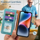 iPhone 14 Wallet Case with RFID Blocking and 4 Card Slots, Green Color