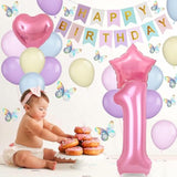 1St Birthday Decoration For Girls, Pastel Macaron 1St Birthday Balloon, Pink Number 1 Balloon With Butterfly Stickers, Star Heart Foil Balloons Banner Set For Baby 1 Year Old Birthday Party Decor