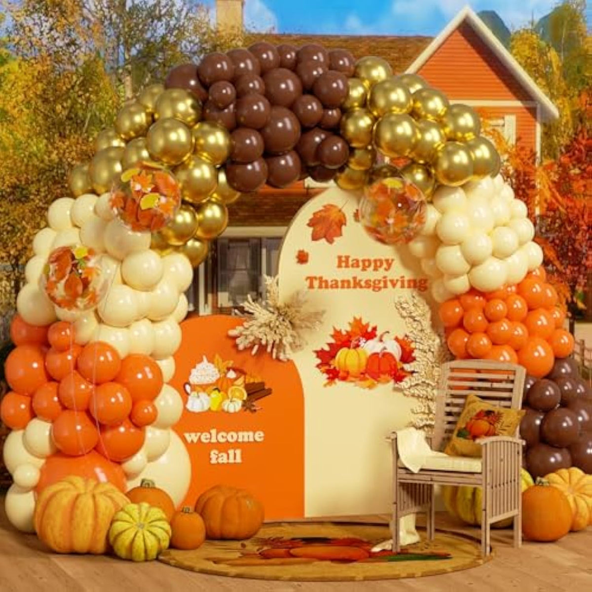142PCS Fall Balloon Arch Kit Burnt Orange Brown Gold Pumpkin Maple Decor