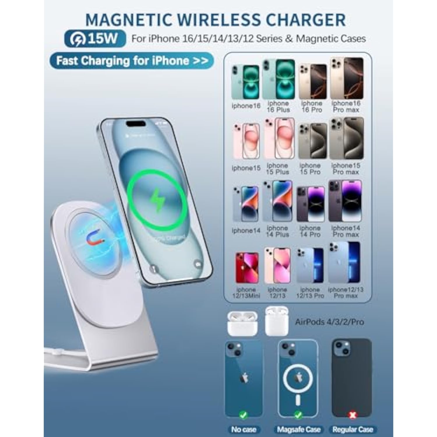 Magnetic Wireless Charger Mag-Safe Charger For Iphone 16/15/14/13/12 Series Convertible Magnet Wireless Charging Stand/Pad With 5Ft Cable For Iphone And Airpods 2/3/Pro 2/Pro
