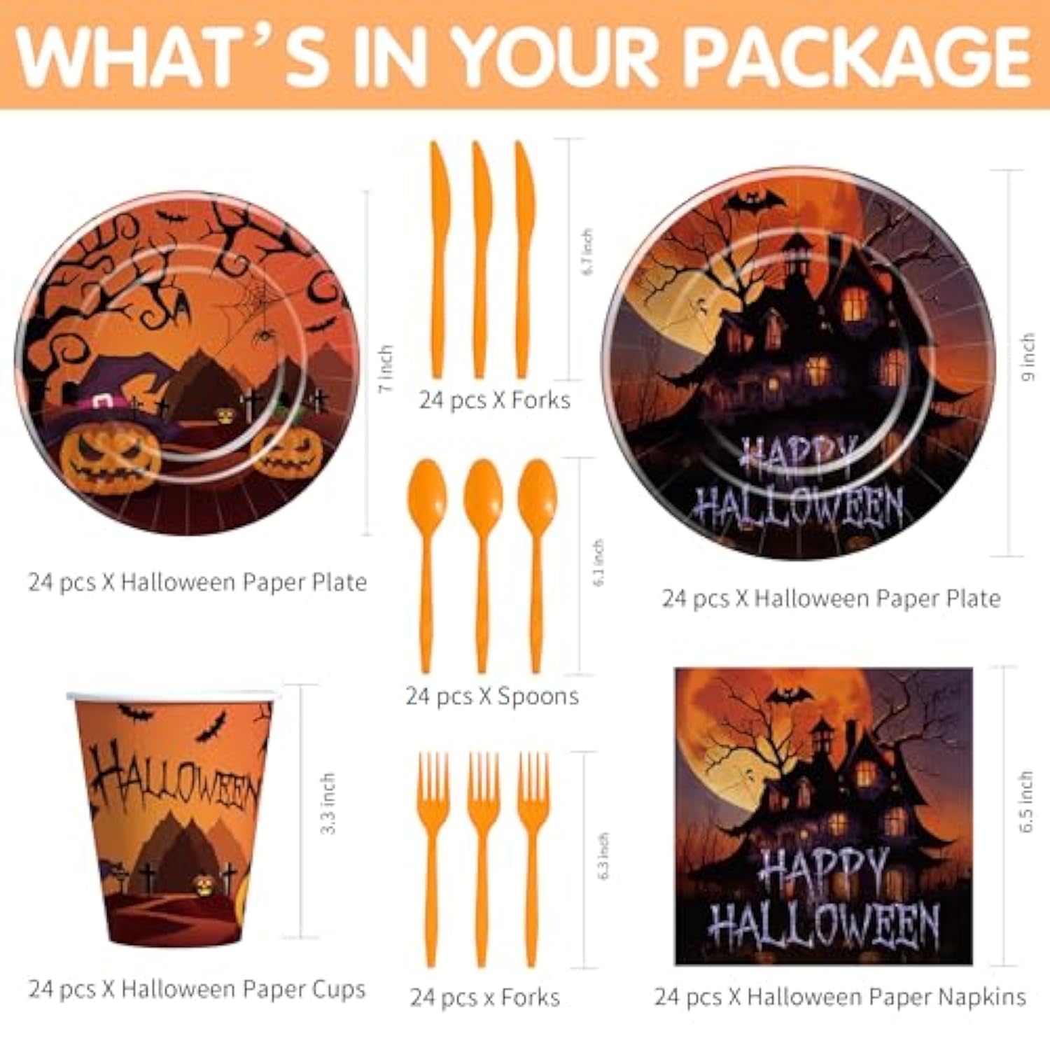 Halloween Plates and Napkins Tableware Haunted House Party Supplies Disposable for 24 Guests
