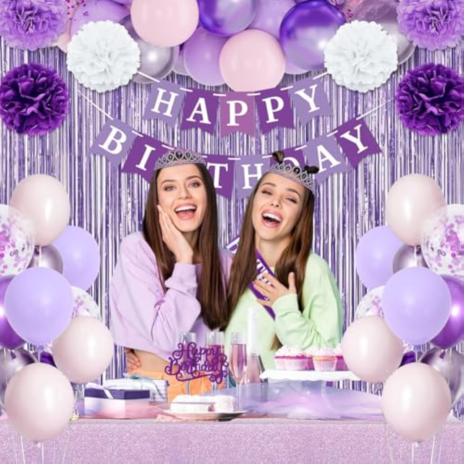 Purple Birthday Decorations, Purple Party Decorations With Balloons Happy Birthday Banner Bday Sash And Crown Tablecloth Fringe Curtain Paper Pom Poms For Women Girls Bday Decor