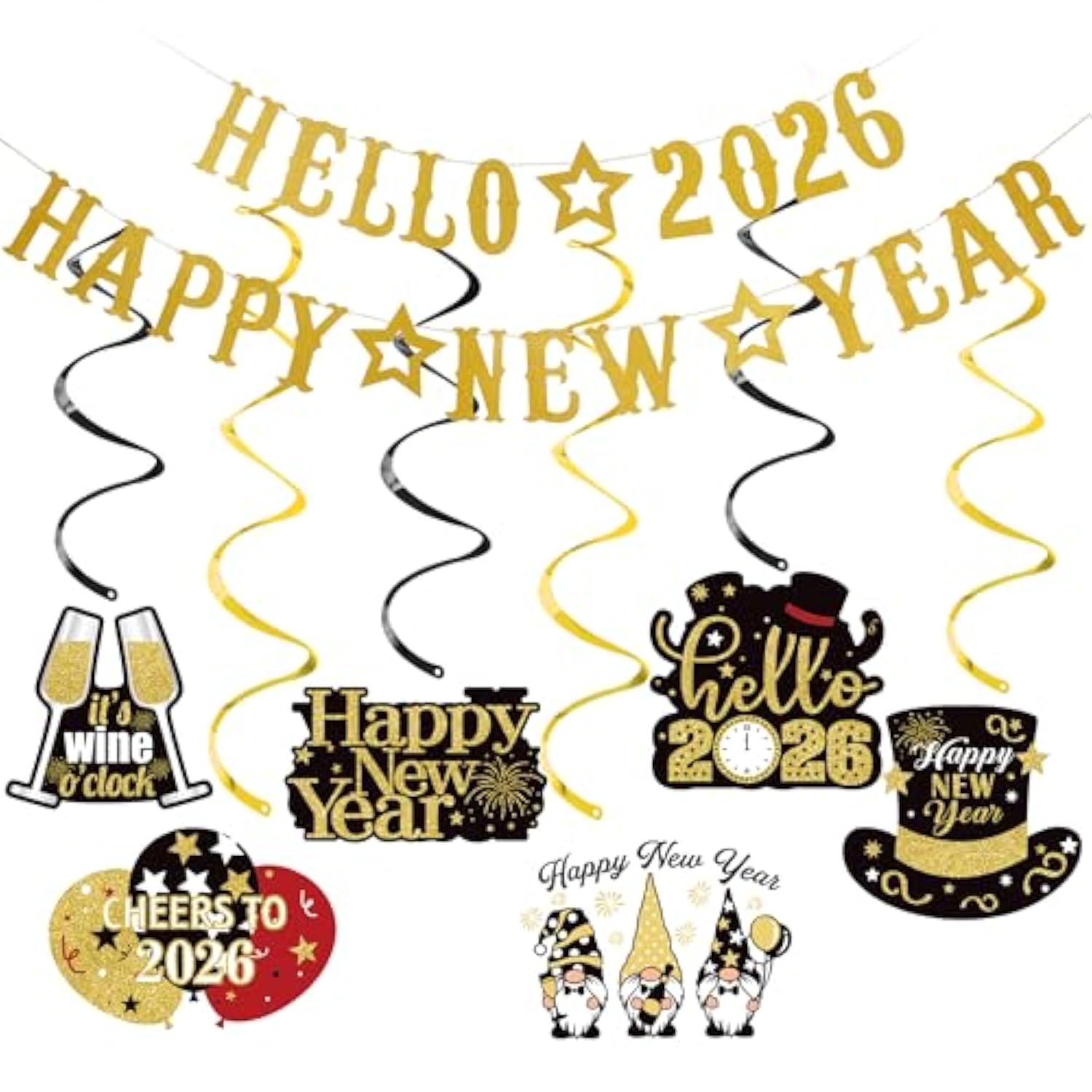 Gold Glitter Hello 2026 Happy New Year Banner for Party Decor