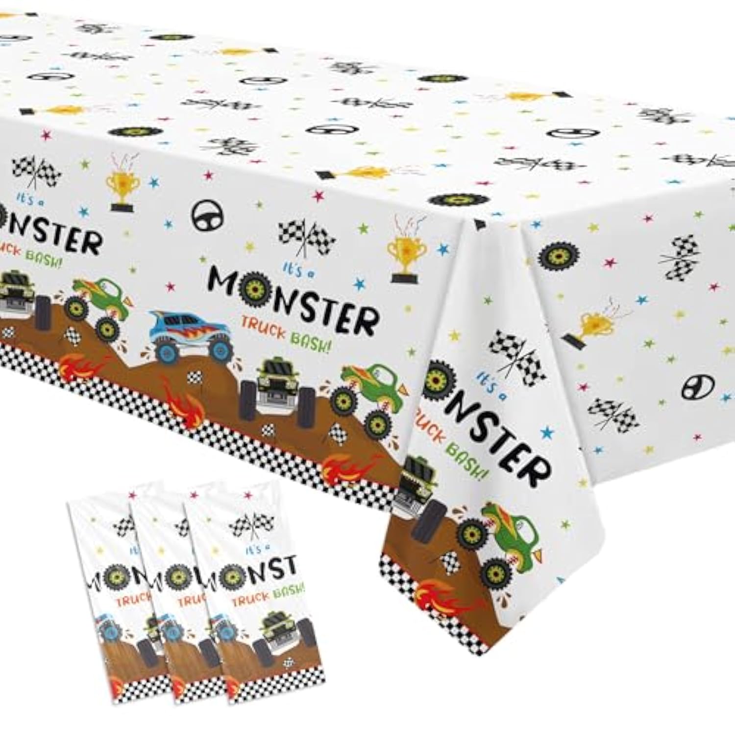 Monster Truck Birthday Decorations Tablecloth - Disposable Monster Truck Birthday Party Supplies Table Cover For Kids - 3 Pack (54In X 108In)