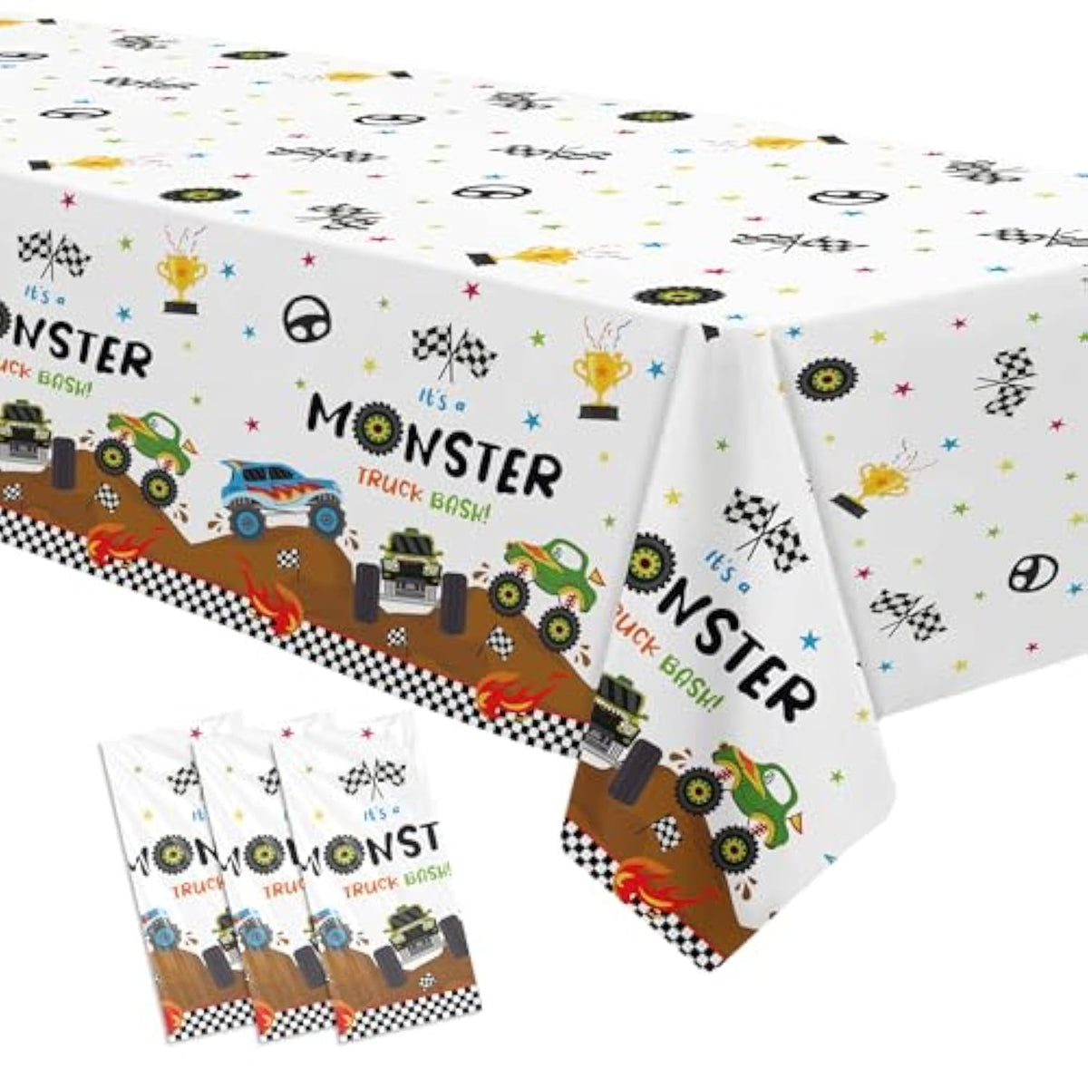 Monster Truck Birthday Decorations Tablecloth - Disposable Monster Truck Birthday Party Supplies Table Cover For Kids - 3 Pack (54In X 108In)