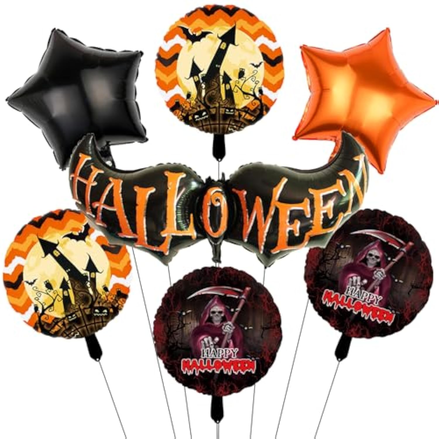 7PCS Halloween Balloon Set Bat Skeleton Castle Star Foil Balloons for Spooky Party Decor