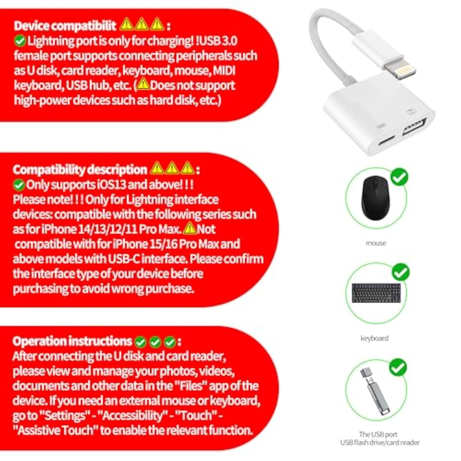 Apple Certified Lightning Male To Usb Female Adapter Otg And Charger Cable For Iphone 11 12 Mini Max Pro Xs Xr X Se 7 8Plus Ipad Air A Camera Memory Stick Flash Drive Cord Converter Charging Splitter