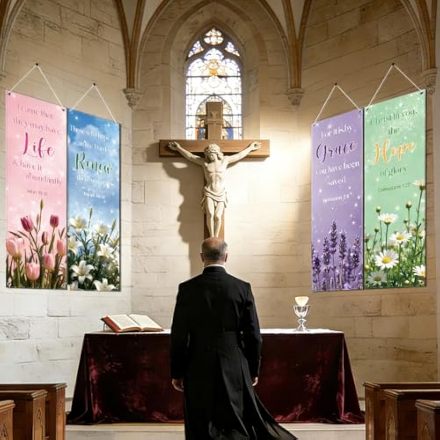Floral Church Banners With Scripture - 4Pcs Flower Christian Church Banners For Sanctuary Wall, Spring Bible Hanging Sign Wall Decor, Religious Backdrop Supplies For Sunday School Classroom