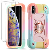 For Iphone Xs Max Case 6.5 Inch With Ring Stand, With 2 Pack Glass Screen Protector,Heavy-Duty Shockproof Rugged Military Grade Cover With Magnetic Car Mount (Rainbow Pink)