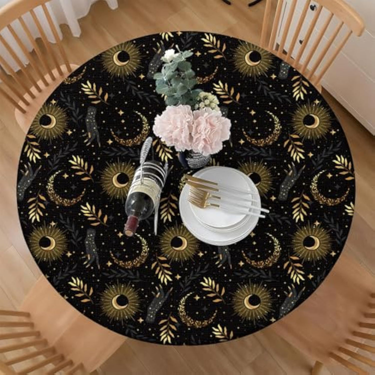 Celestial Black Gold Round Tablecloth 36-44 Inch Mystical Washable Decor