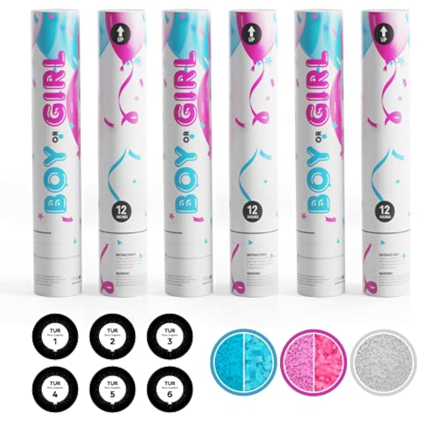 Gender Reveal Roulette Game Kit (Blue, Pink & White) Fool Proof Confetti & Powder Cannons | 100% Biodegradable | 12 Inch | Party Poppers For Boy Or Girl Baby Shower Decorations