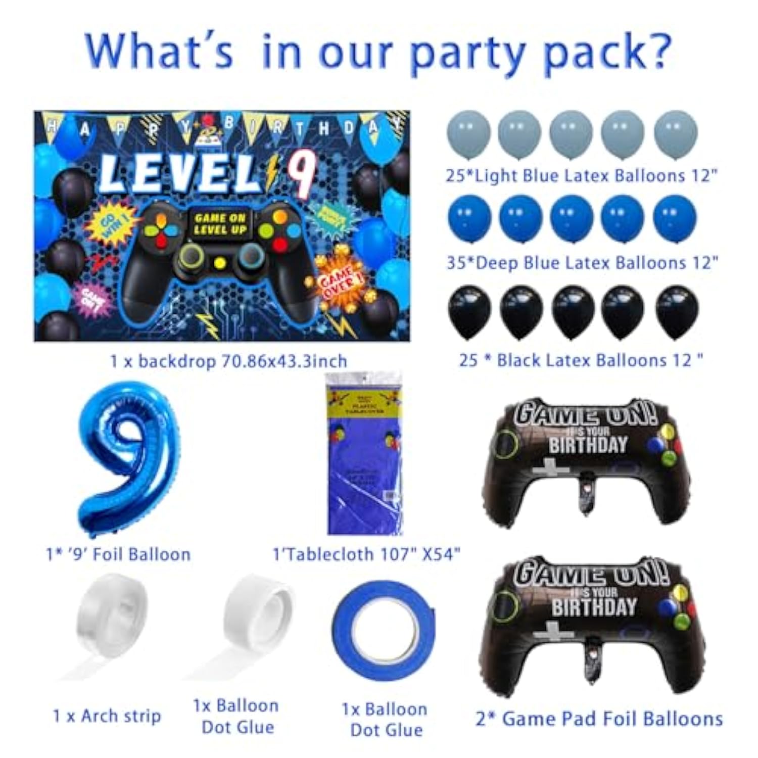 90Pcs Video Game Party Decorations For Boys Set Blue - 9Th Birthday Supplies - Video Game Backdrop, Balloons, Tablecloth, Gamer And 9 Foil Balloons