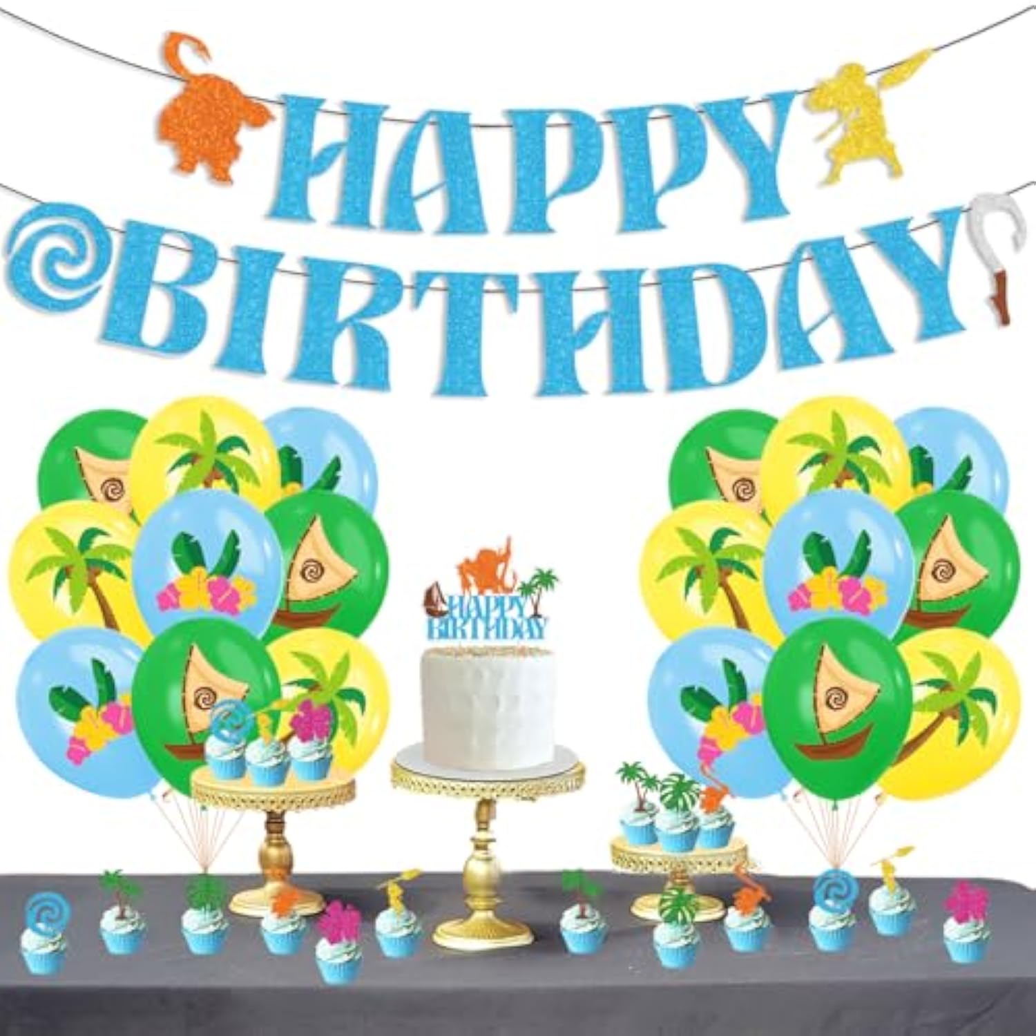 Birthday Party Decoration Set For Moanna - Moanna Cake Topper, Hawaii Tropical Sandy Beach Birthday Party Supplies, Includes Banner Balloon Cake Decoration