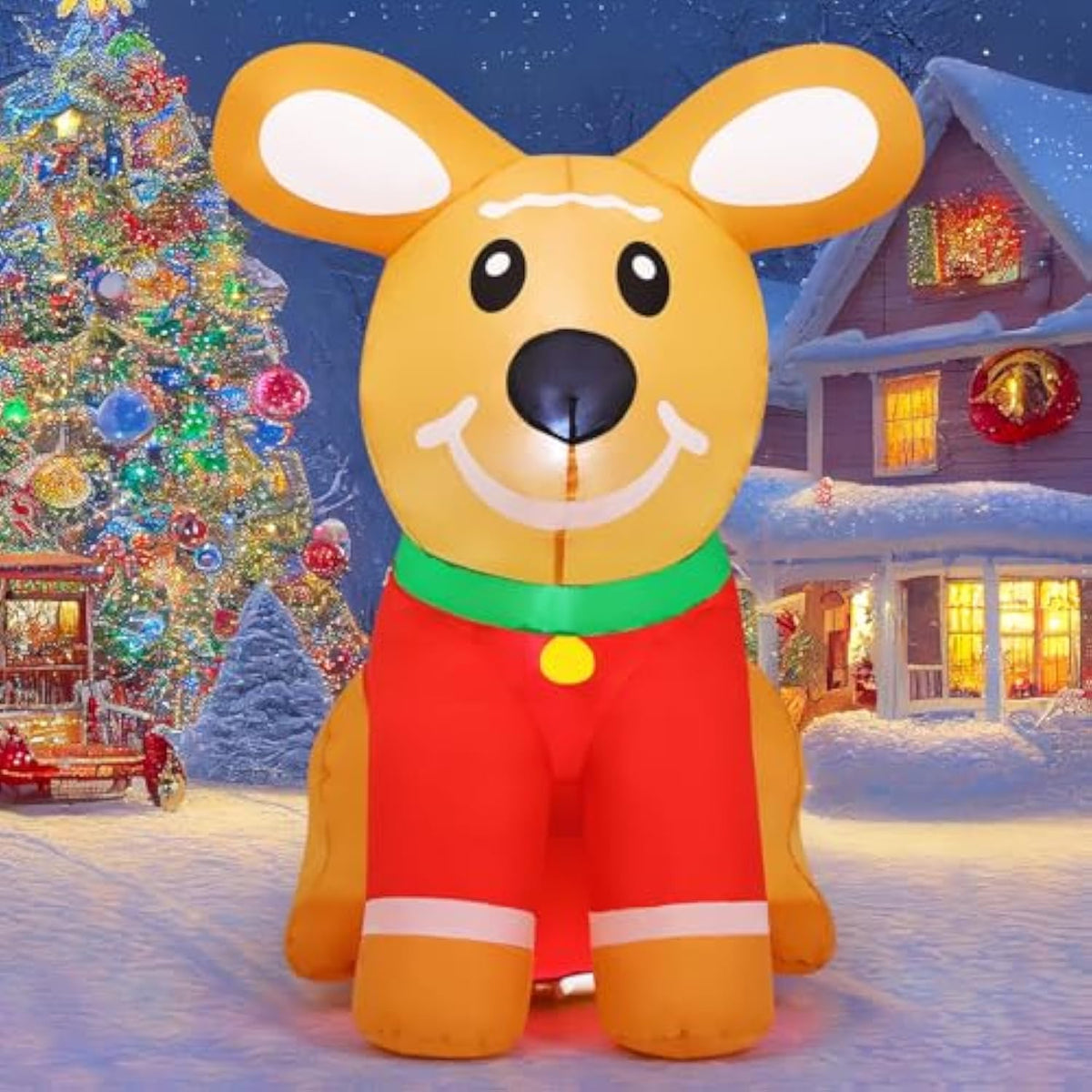 5Ft Christmas Inflatables Outdoor Decorations, Blow Up Cute Gingerbread Dog Inflatable With Built-In Leds For Christmas