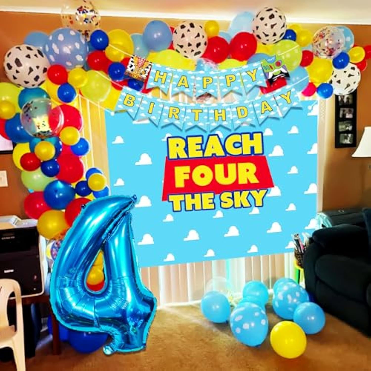 Reach Four The Sky Birthday Decorations Cartoon Story Birthday Party Decorations 4Th Bday Balloon Garland Arch Backdrop For Boy