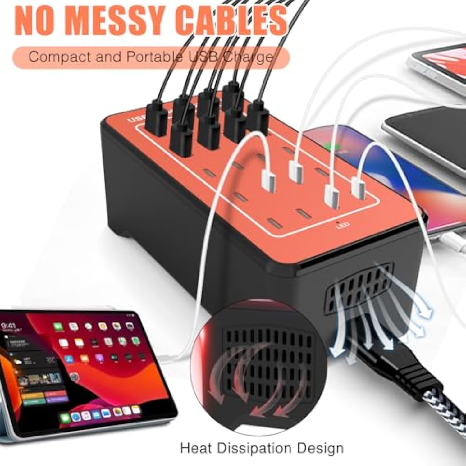 Multi Usb Charger Station, 20-Port 100W/20A Multiport Usb Charging Station With Auto Detect With Type-C 3A For Smartphone Tablets Multiple Devices