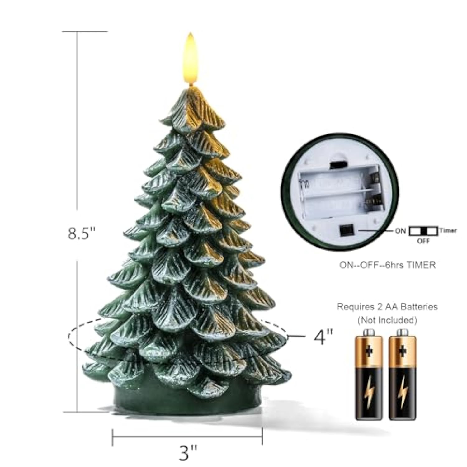 Christmas Tree Candles With 6 Hours Timer, 2 Pcs Waxy Led Flameless Candles Flickering, Green Electric Candles Battery Operated For New Year Celebration Holiday Decorations 8.5 Inches