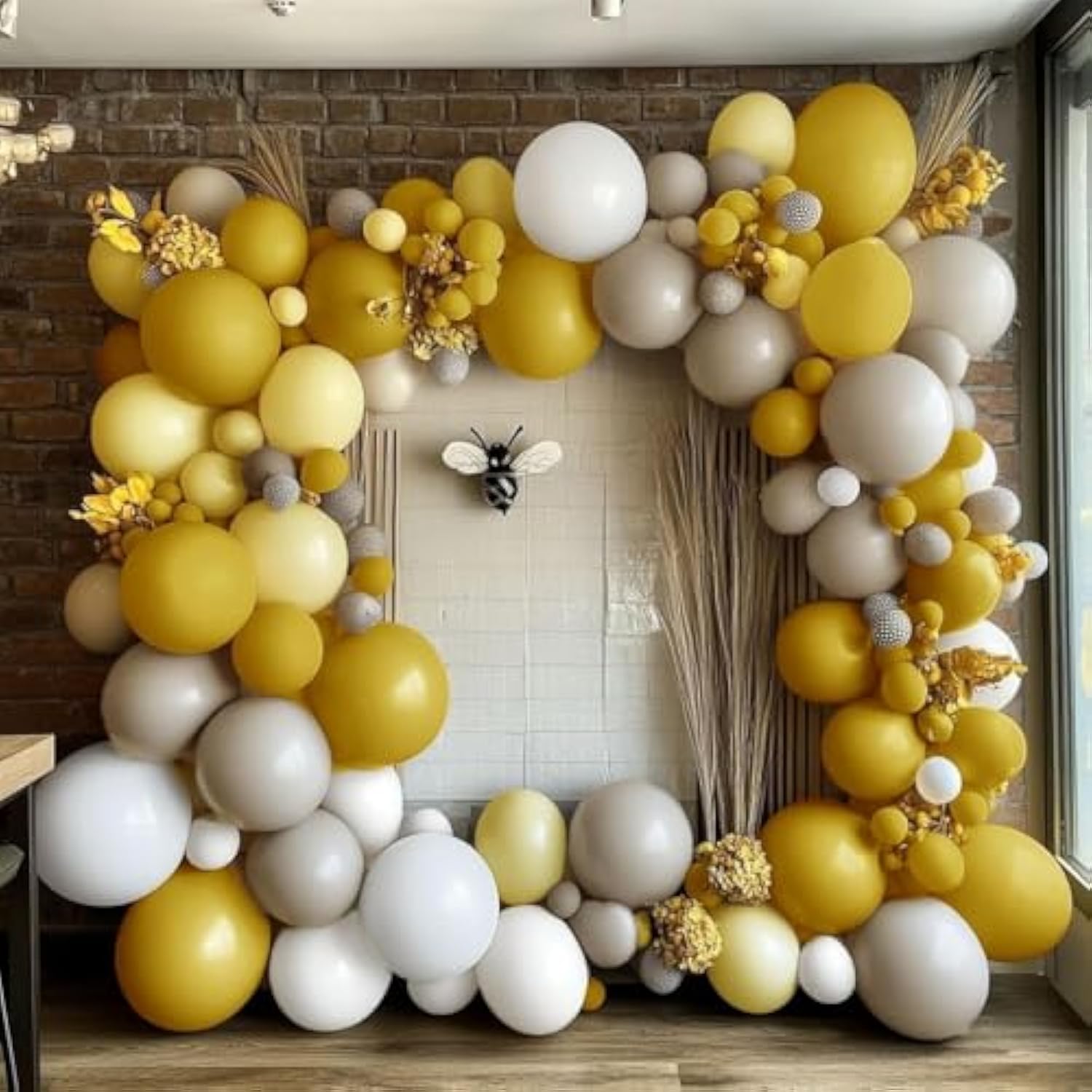 Mustard Yellow Balloon Garland Kit - Double Stuffed Sand White Yellow Pastel Balloon Arch For Birthday, Baby Shower, Gender Reveal, Boho Bee Party Decoration