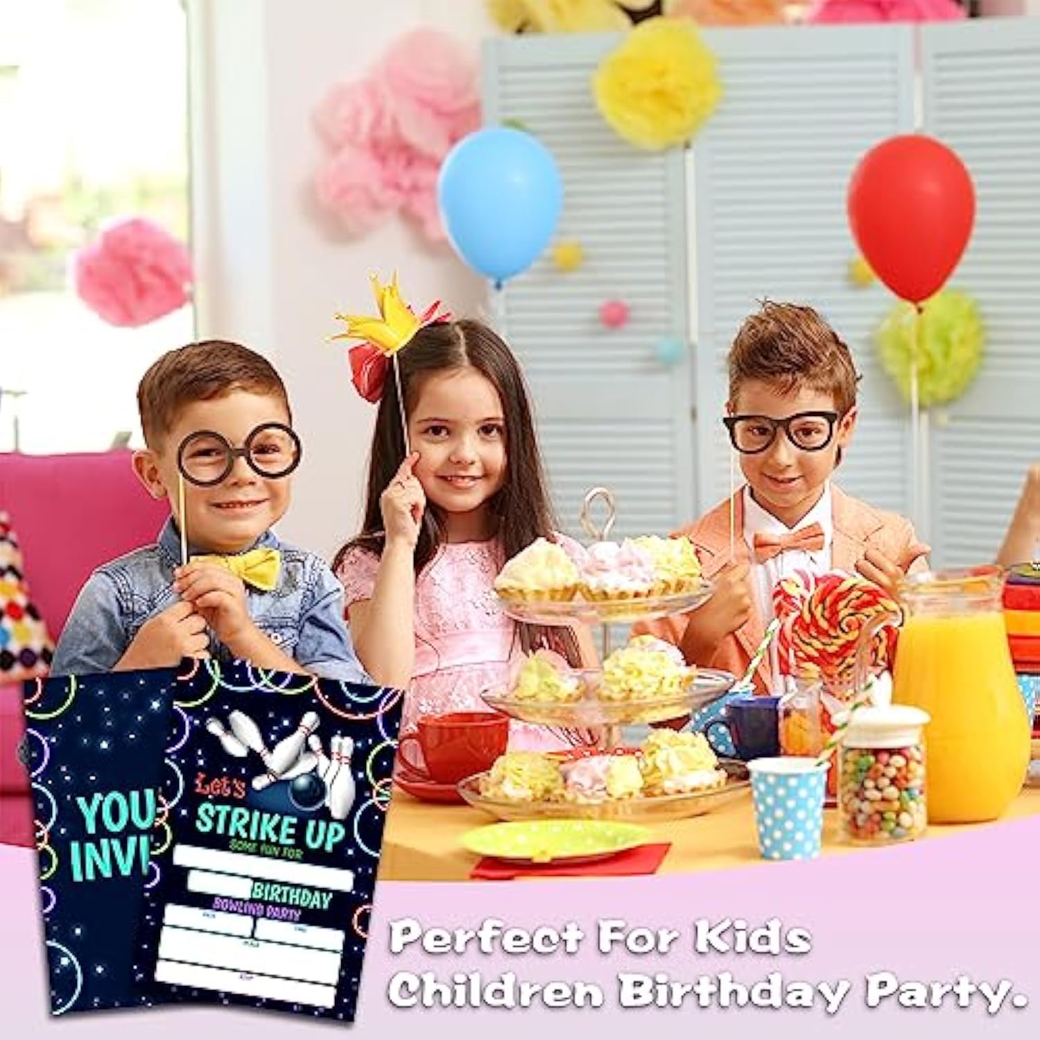 Bowling Birthday Invitations, Let'S Strike Up Neon Bowling Birthday Party Invitations For Boys Girls, Birthday Party Invitation Cards, Party Supplies And Decoration, 20 Cards & 20 Envelopes -D04