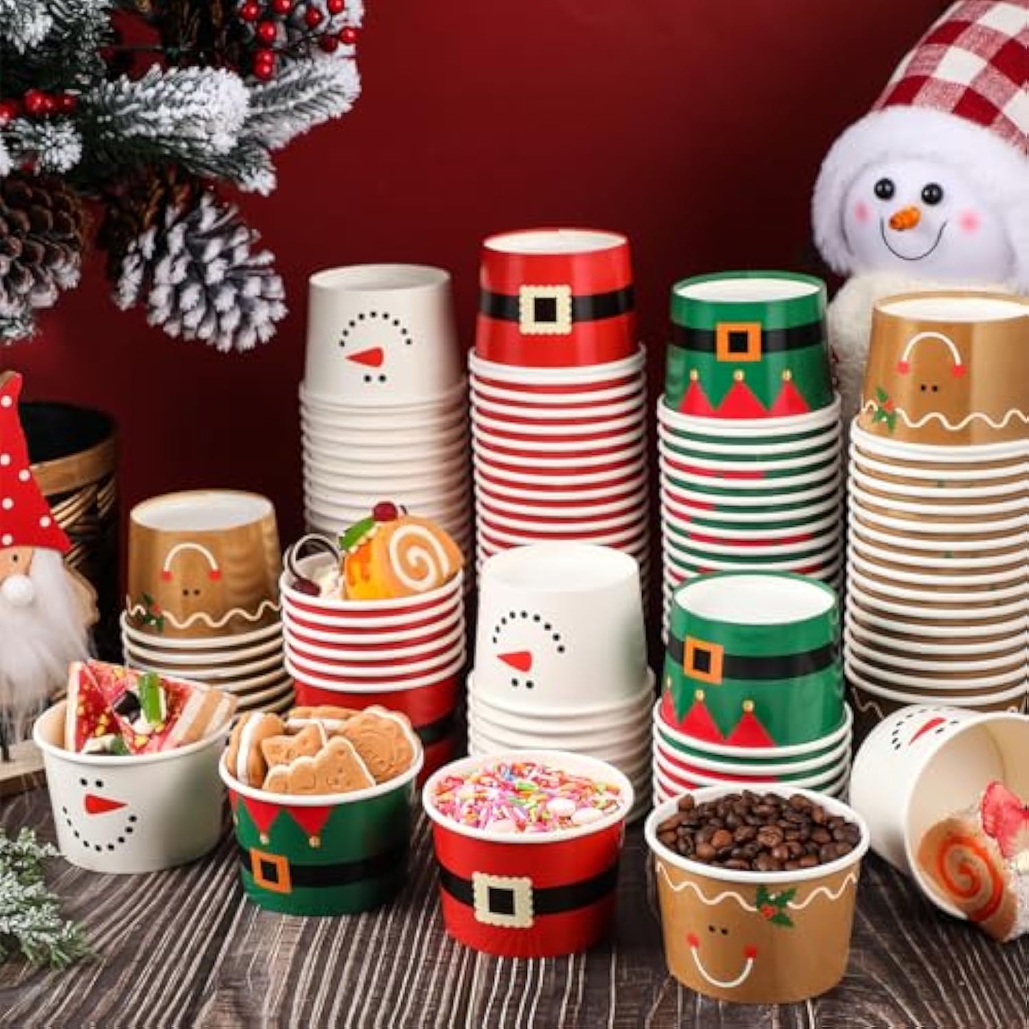 100 Pcs 9 Oz Christmas Snack Treat Disposable Cups 2025 Christmas Ice Cream Paper Cups Santa Belt Bowls For Xmas Party Supplies Decorations Cold Or Hot Soup