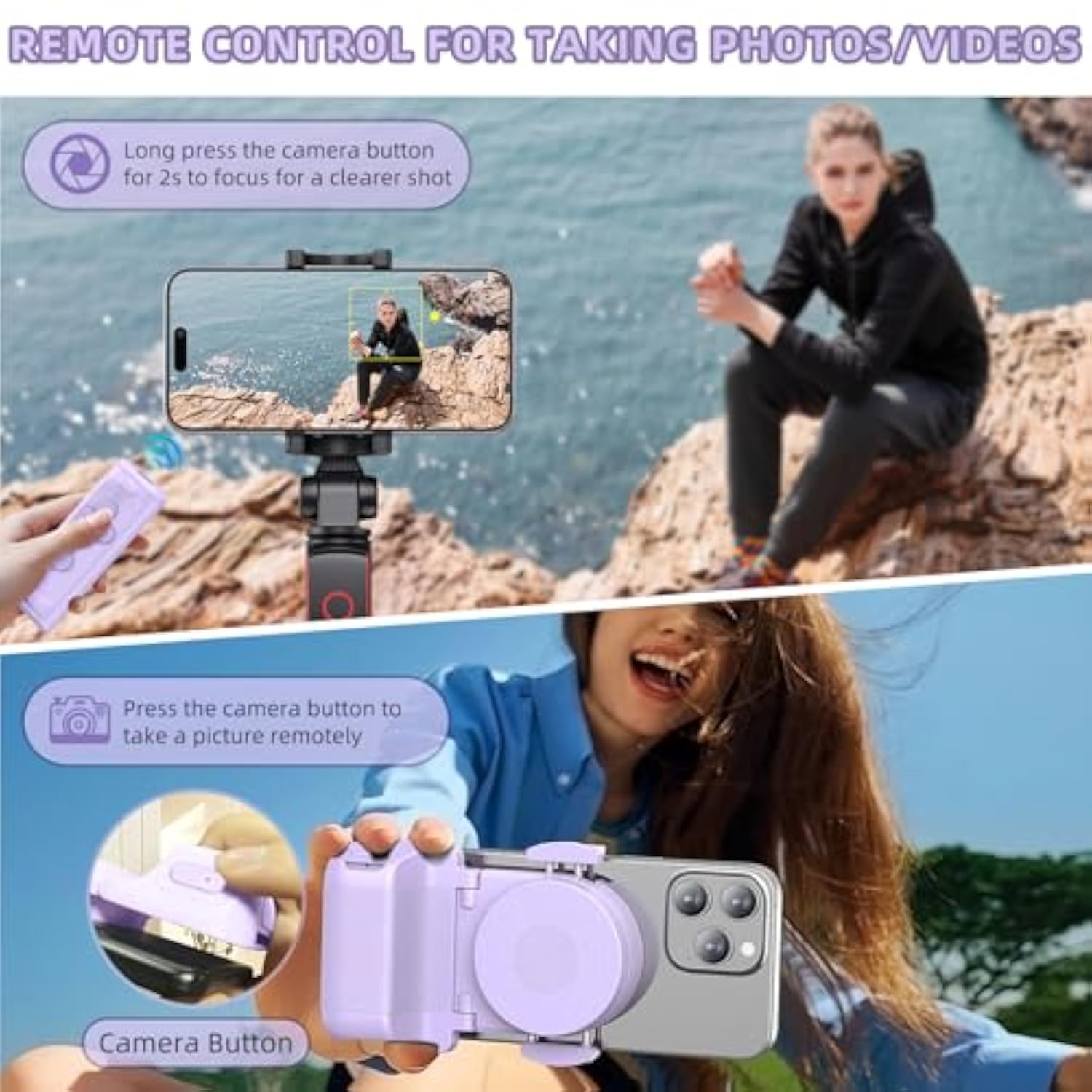 Remote Control Scrolling For Tiktok With Phone Stand,Page Turner For Kindle App E-Book,Bluetooth Camera Shutter Remote For Iphone, Android,Ios,Ipad,Tablet (Purple)