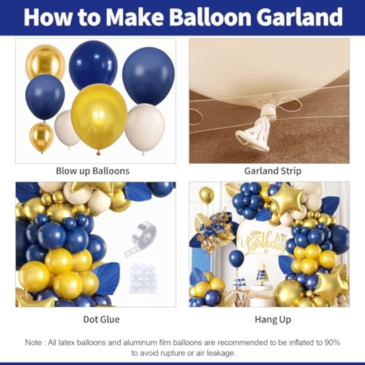 124pcs Navy Blue Gold Balloon Arch Kit with Star Balloons for Party & Celebration