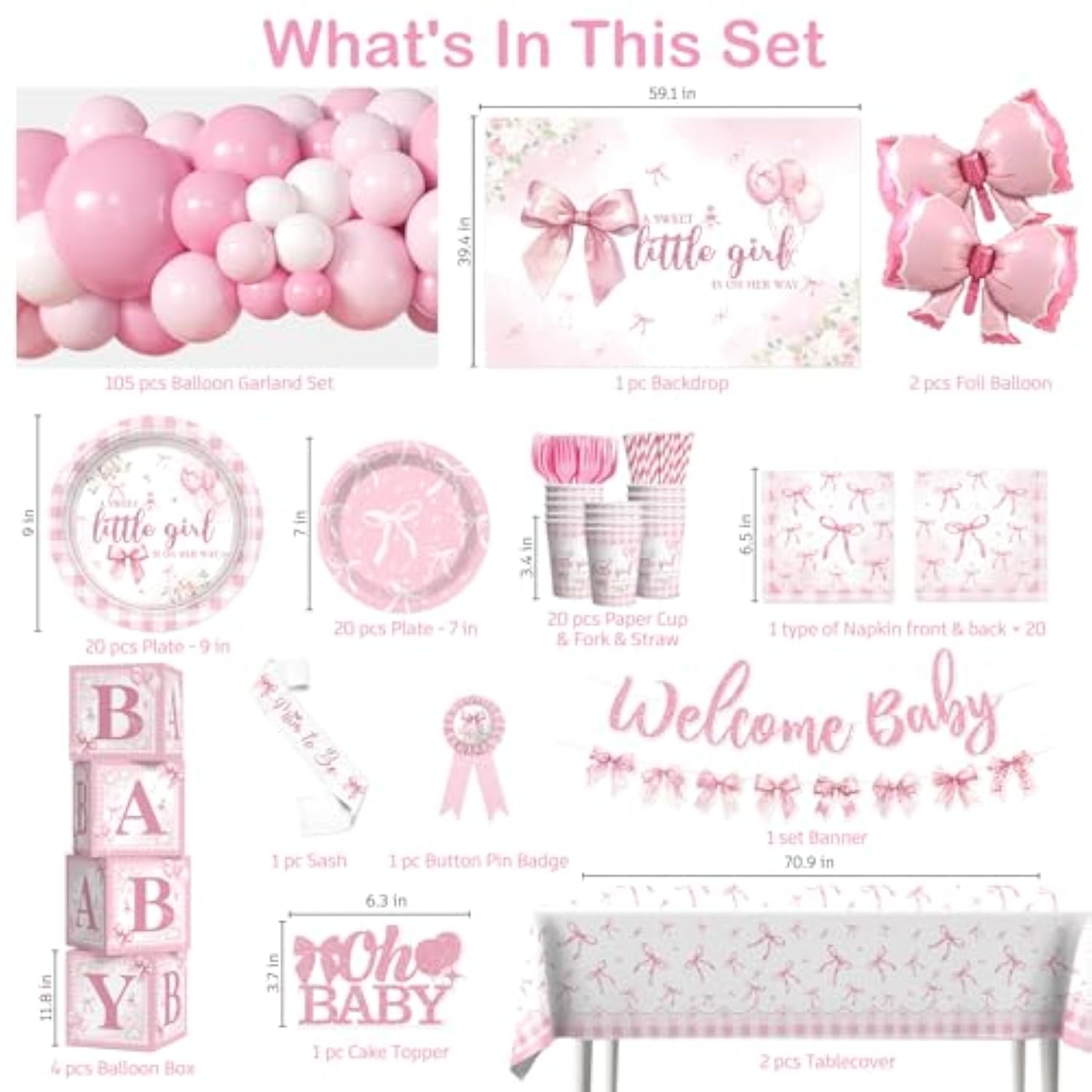 238 Pcs Pink Bow Baby Shower Decorations, All-In-One Party Pack For 20 Guests, Includes Tableware, Backdrop, Banner, Balloons And More For Bow Themed Baby Shower Decorations