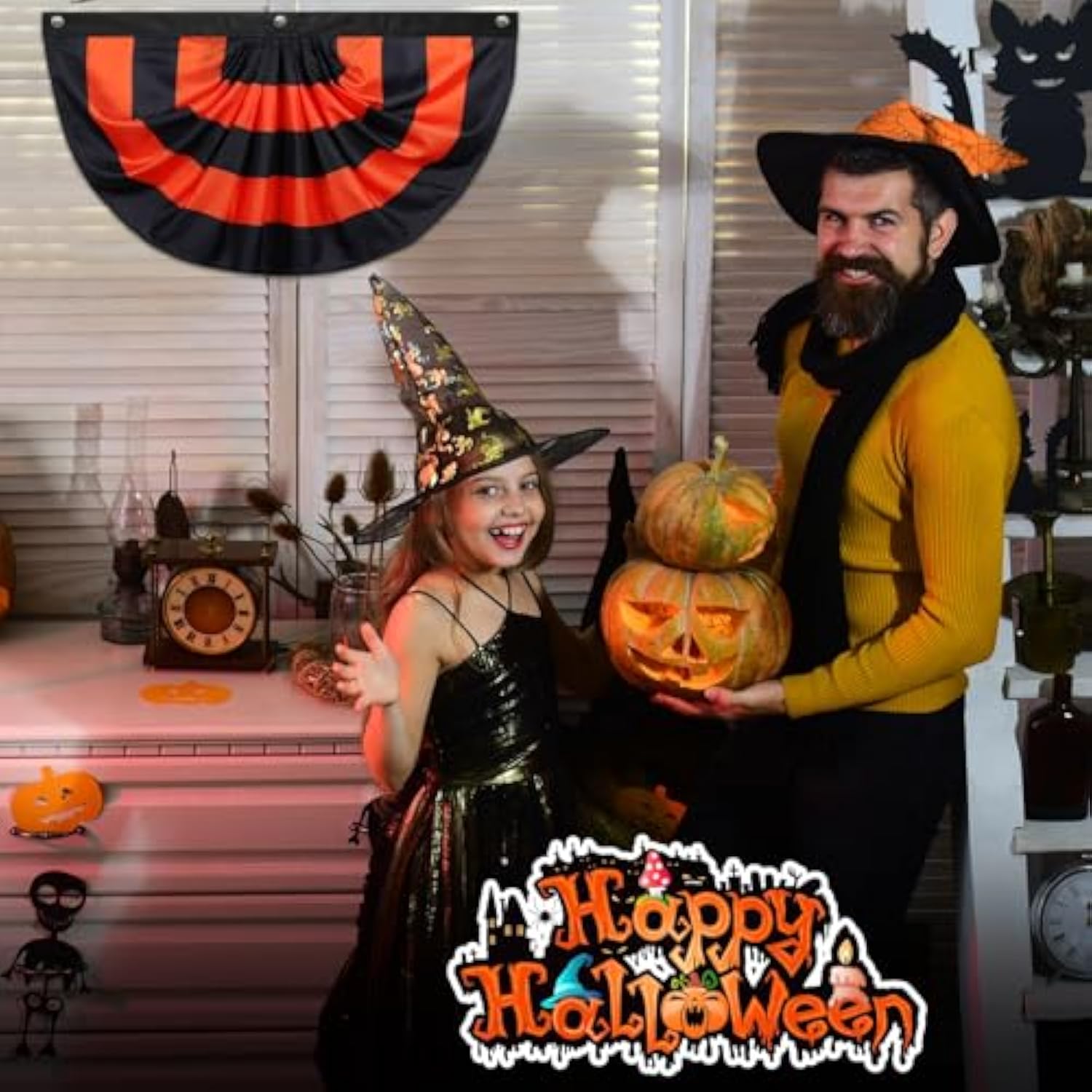 Halloween Flag Bunting 4pcs 3x1.5ft Pleated Banner with Grommets for Indoor Outdoor Decor