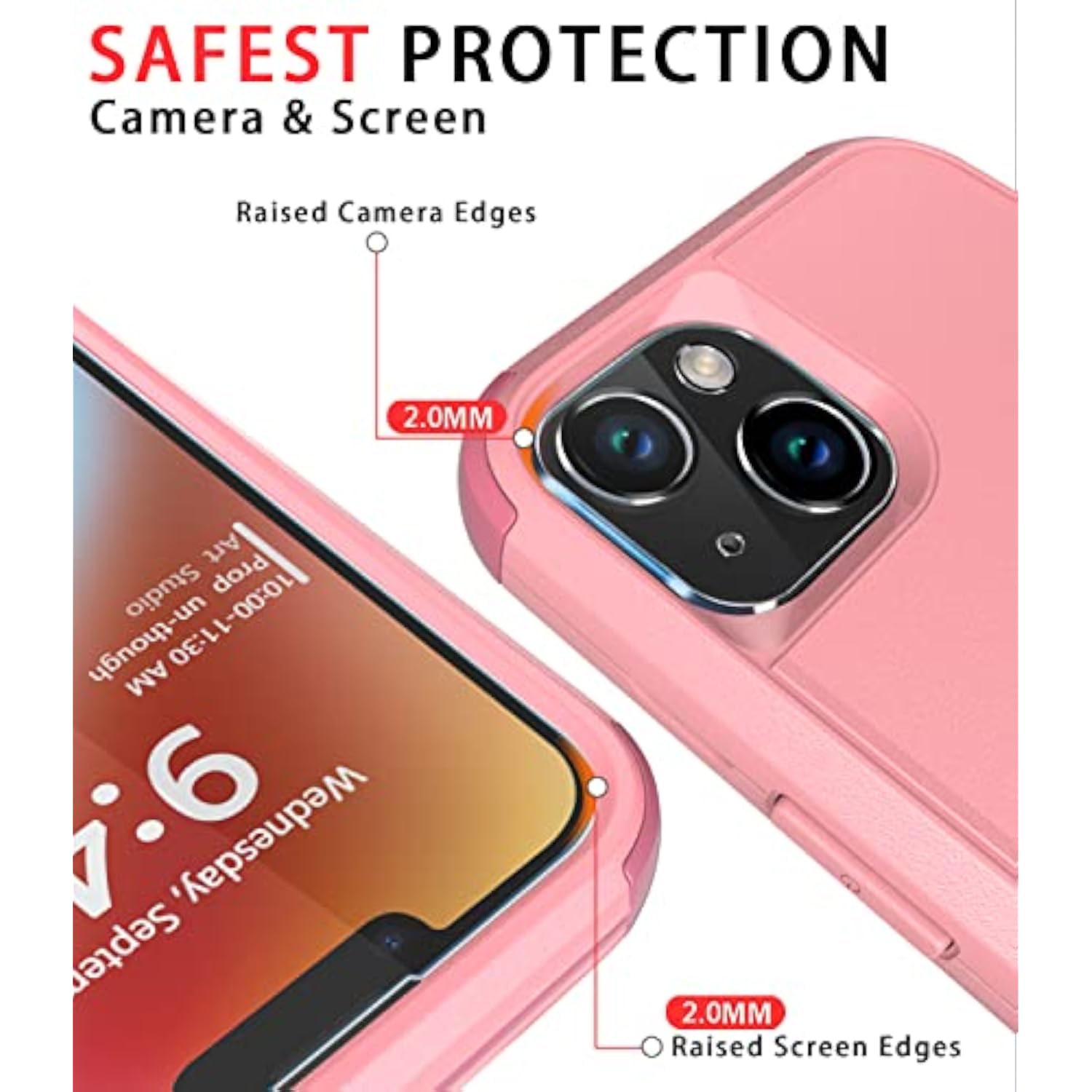 Heavy Duty Protection Phone Case Cover for Apple iPhone 14 with Tempered Glass Screen and Camera Lens Protector, Pink