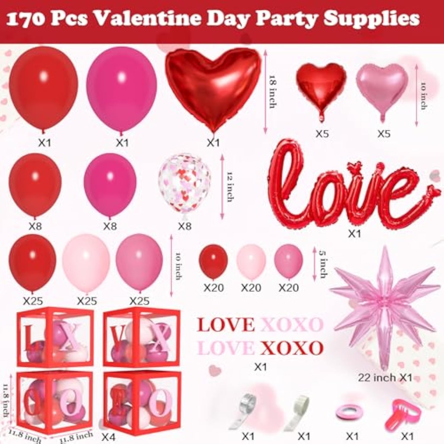 170Pcs Valentines Day Balloons Arch Garland Kit, Pink Red Valentines Day Party Decorations, Boxes With Letters Xoxo Love Stars Foil Balloon For Women Girls Valentine'S Wedding Engagement