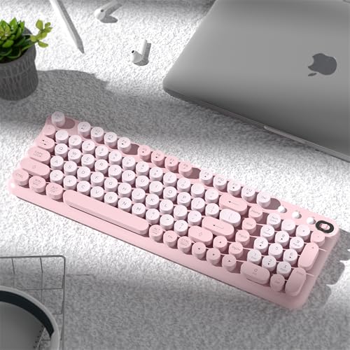 Wireless Bluetooth Keyboard, Retro Round Typewriter Keyboard, Dual Mode Bluetooth & 2.4Ghz Receiver, Compatible With Windows, Macos, Ipad, Android, Laptops, And Tablets (Pink)