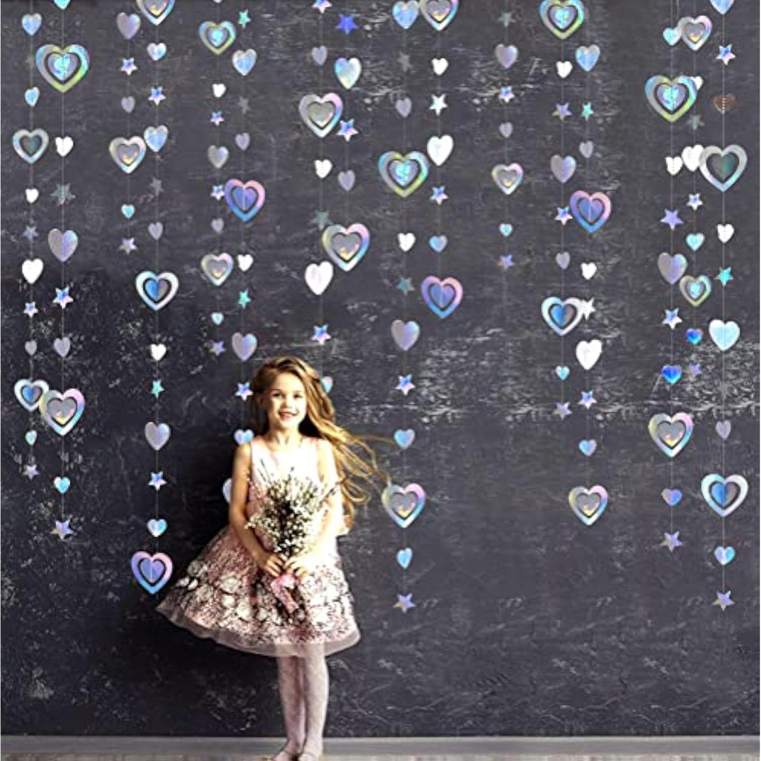 40Ft Iridescent 3D Heart Twinkle Star Garland Holographic Paper Streamer Banner For Birthday Mother'S Day Anniversary Engagement Wedding Bridal Baby Shower Hen Valentines Day Party Decoration Supplies